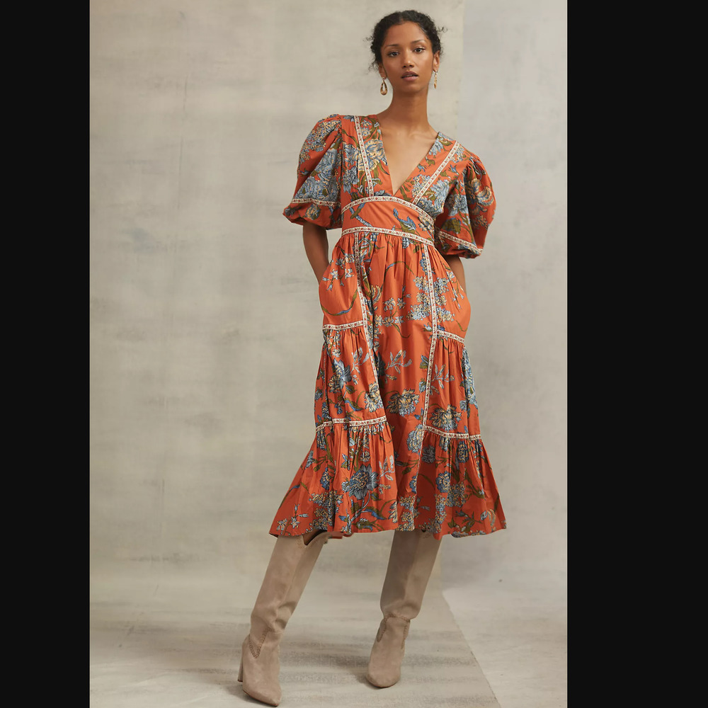 Anthropologie Puff-Sleeve Tiered Midi Dress - New - XS